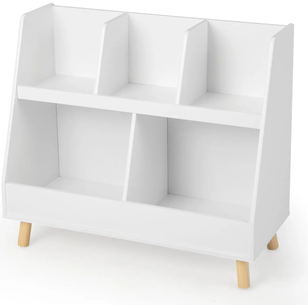 Organizador de brinquedos de 5 compartimentos para crianças Baú de 2 níveis com pernas de madeira Kits anti-queda Estante aberta para crianças Branco