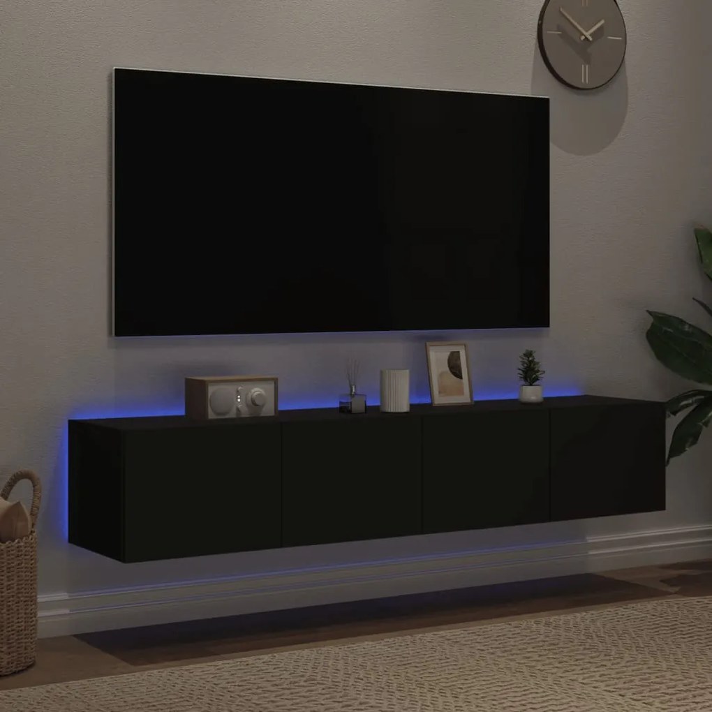 Móveis de parede p/ TV com luzes LED 2 pcs 80x35x31 cm preto