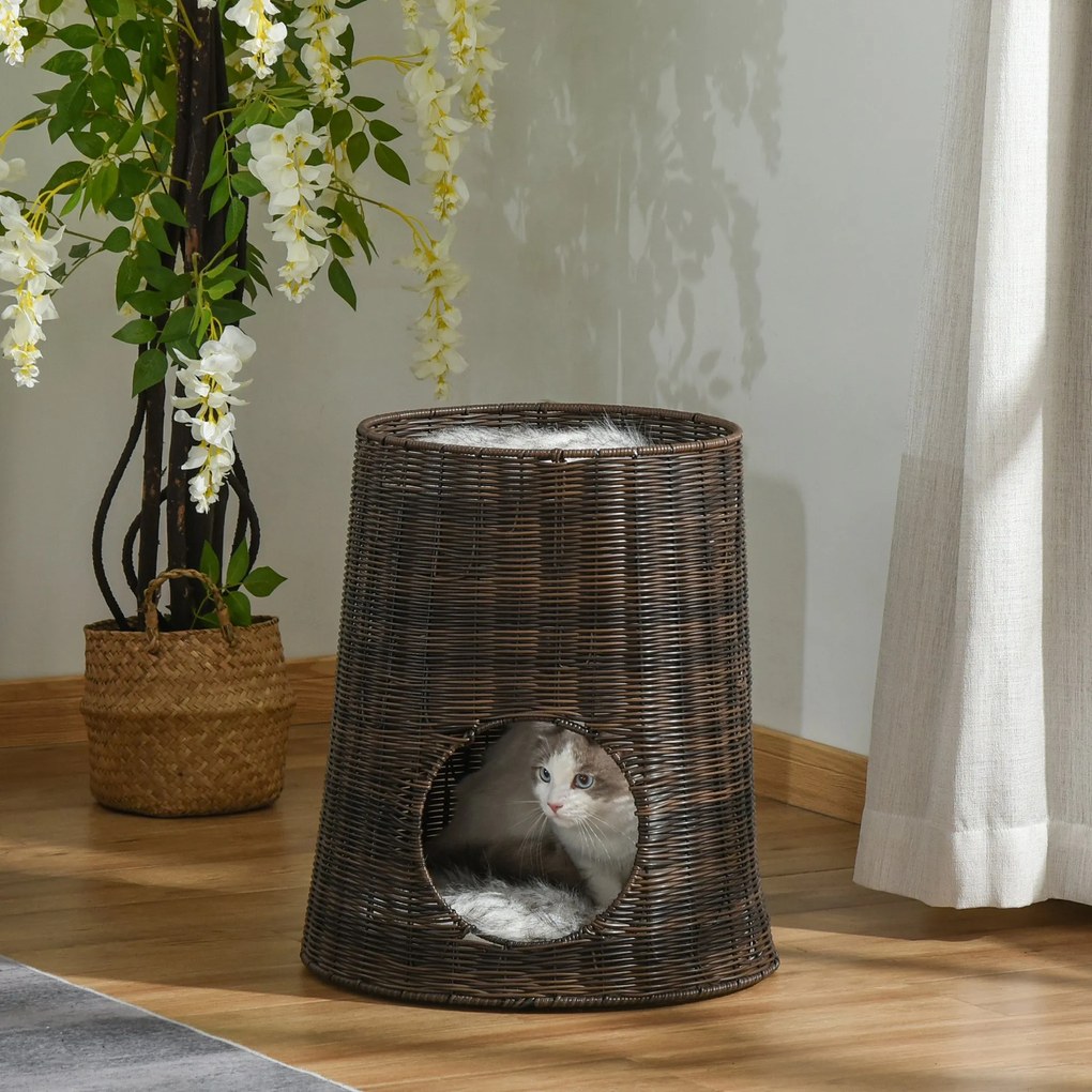 Cesta de Vime para Gatos Cama Caverna de 2 Níveis com Almofadas Laváveis Ø45x50cm Castanho