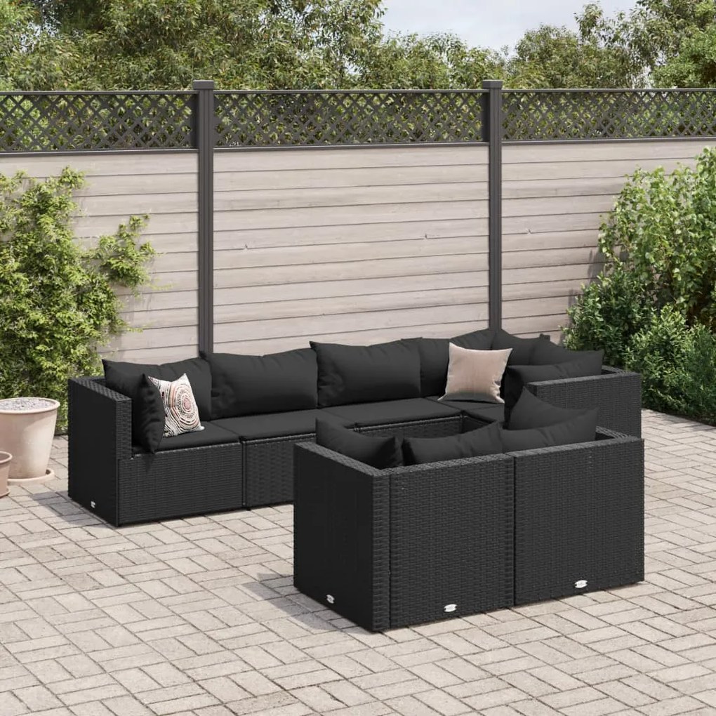 7 pcs conjunto lounge de jardim c/ almofadões vime PE preto