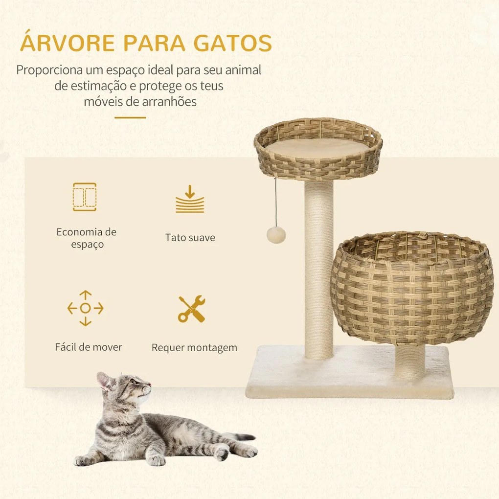 Árvore para Gatos Médios com Cama Superior Cesto de Vime Sintético com Almofadas Postes Arranhadores de Sisal Natural e Bola Suspensa de Brinquedo 54x