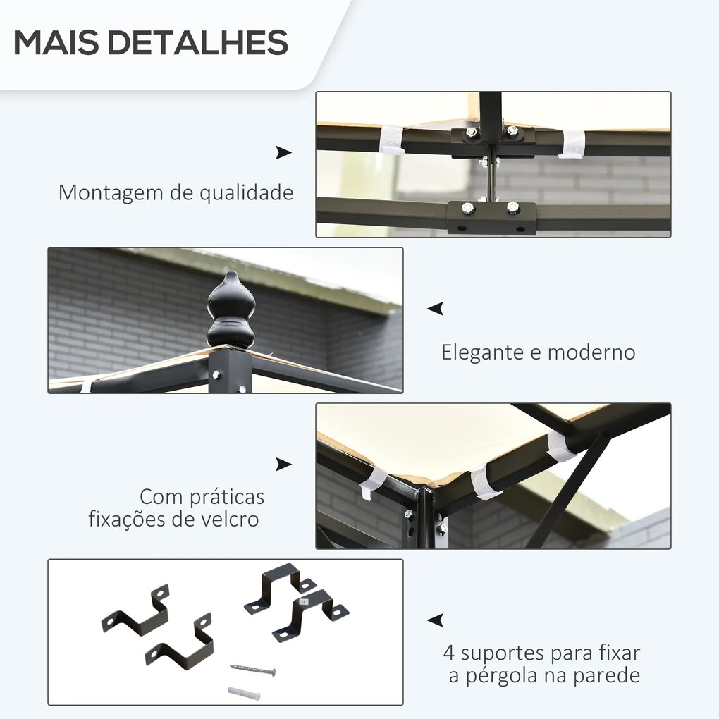 Pérgola de Jardim 3x3m Pérgola Montada na Parede com Toldo e 16 Orifícios de Drenagem Metal e Poliéster Creme