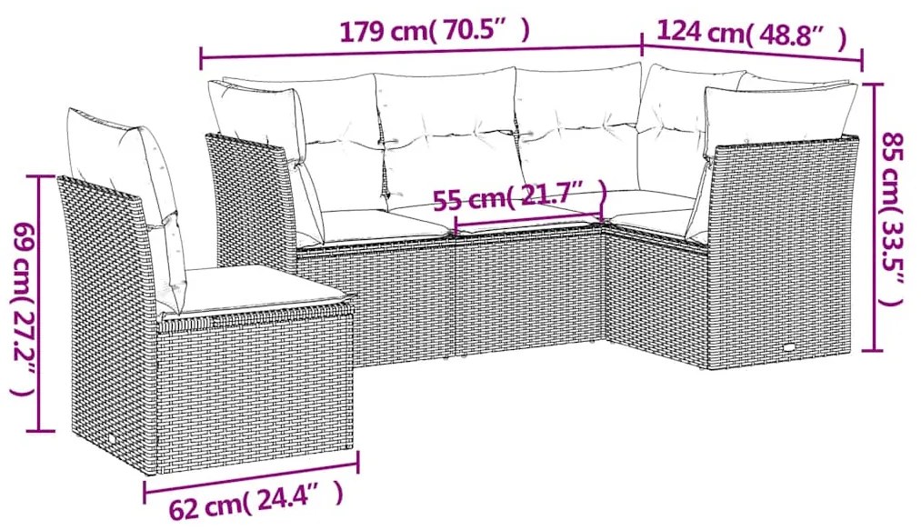 5 pcs conj. sofás jardim c/ almofadões vime PE cinzento-claro