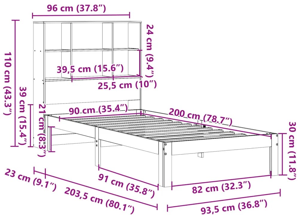 Cama com estante sem colchão 90x200cm pinho maciço castanho-mel