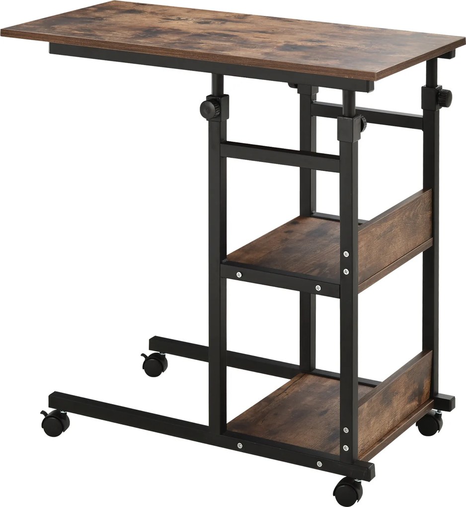 HOMCOM Mesa de Apoio com Rodas, altura ajustável, compacta, 2 prateleiras, estrutura metálica, 80x40x72-82 cm, Marrom/Preto | Aosom Portugal
