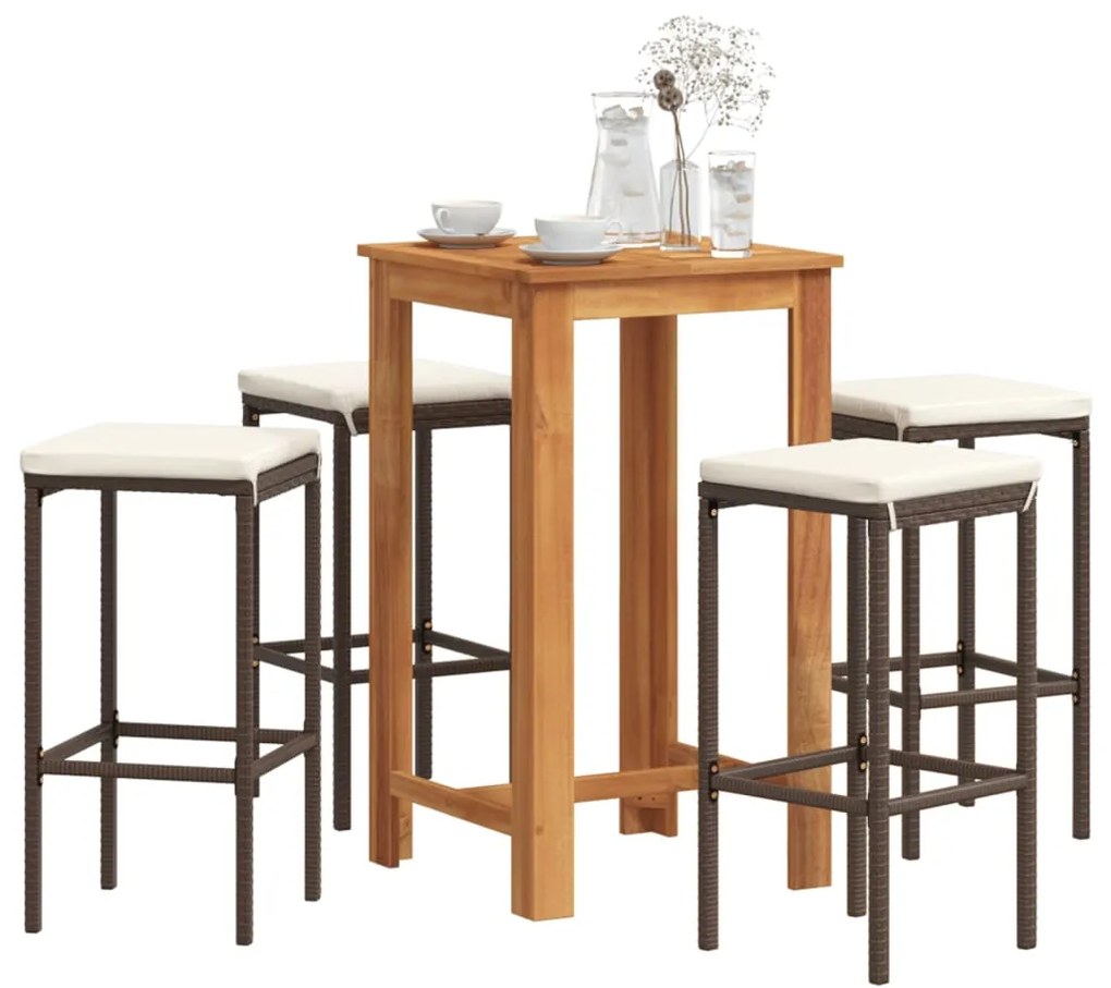 5 pcs conjunto de bar p/ jardim acácia maciça/vime PE castanho