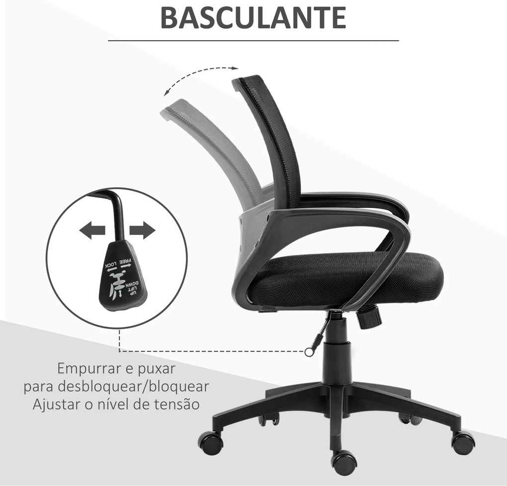 Cadeira de Escritório de Malha Giratória com Altura Ajustável Função Basculante e Apoio para os Braços 57x55x89-109 cm Preto