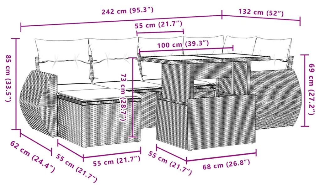 7 pcs conjunto de sofás jardim c/ almofadões vime PE castanho