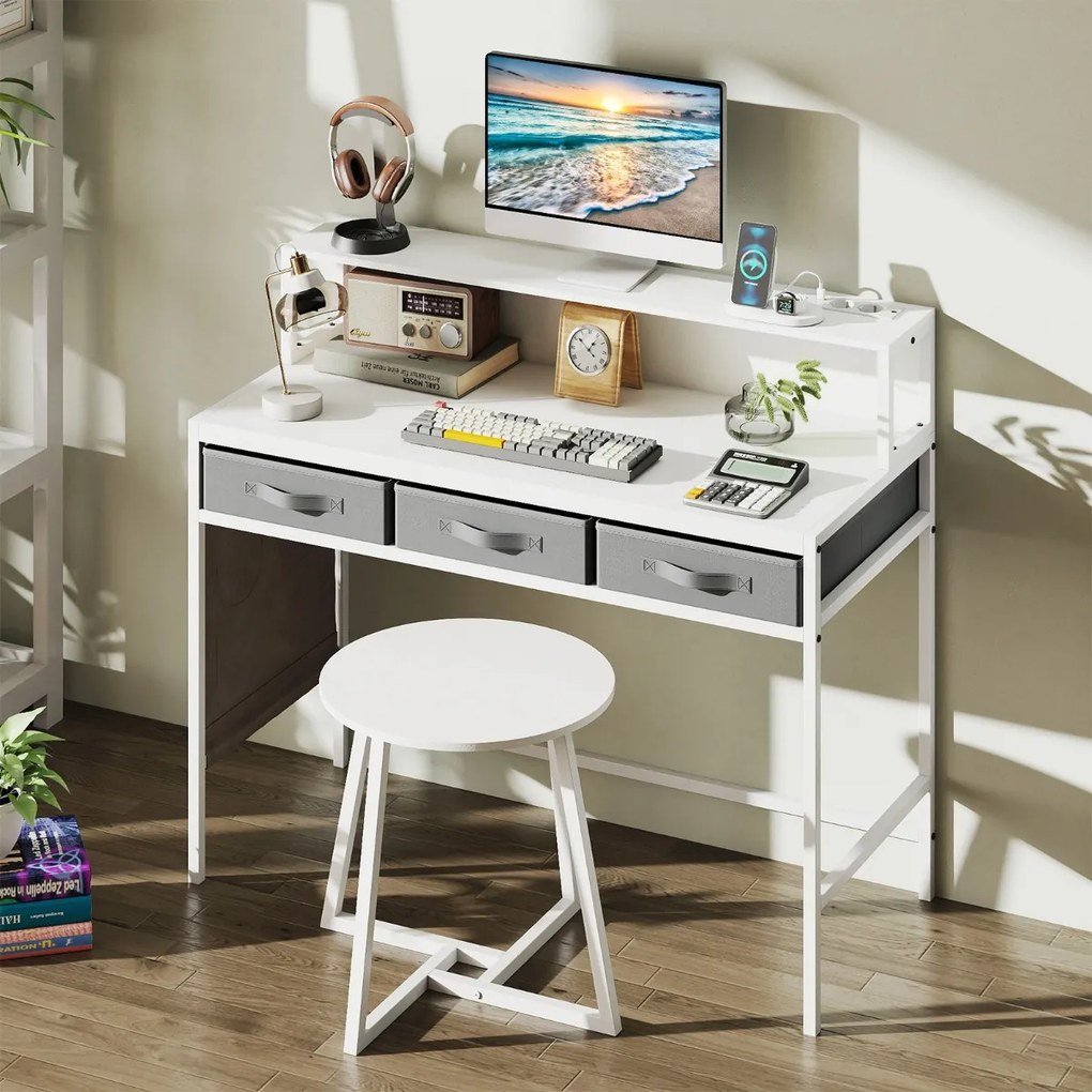 Secretária para computador 110 x 50 x 95,5 cm com tomadas elétricas com banco com suporte para monitor e Gavetas de tecido Branco