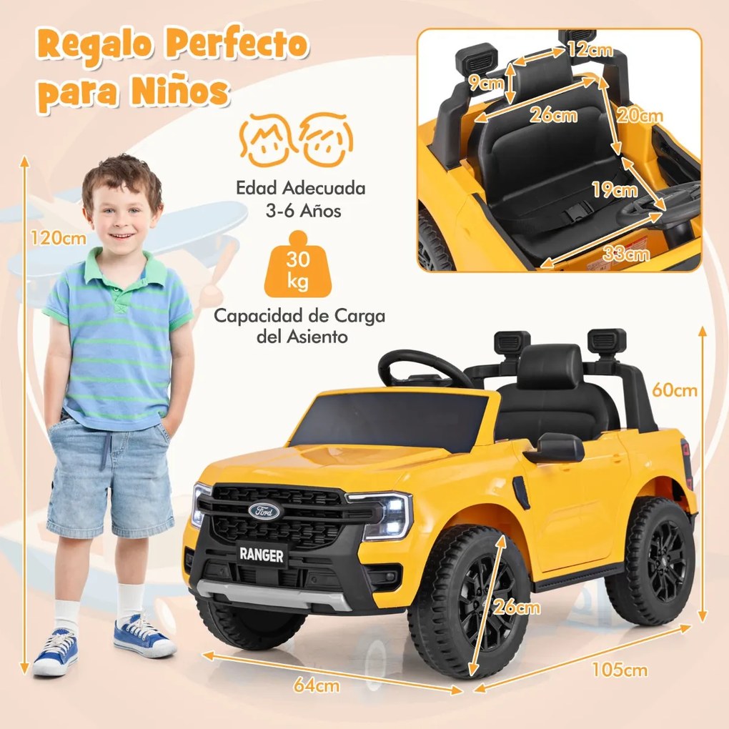 Carro elétrico infantil 12V com controle remoto Faróis LED Partida com um botão para crianças de 3 a 6 anos 64 x 105 x 60 cm Amarelo