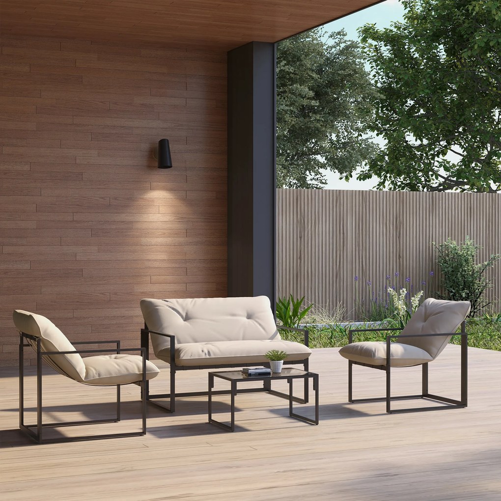 Conjunto de jardim de 4 peças para 4 pessoas, com sofá de 2 lugares, 2 poltronas e 1 mesa de centro cinzenta