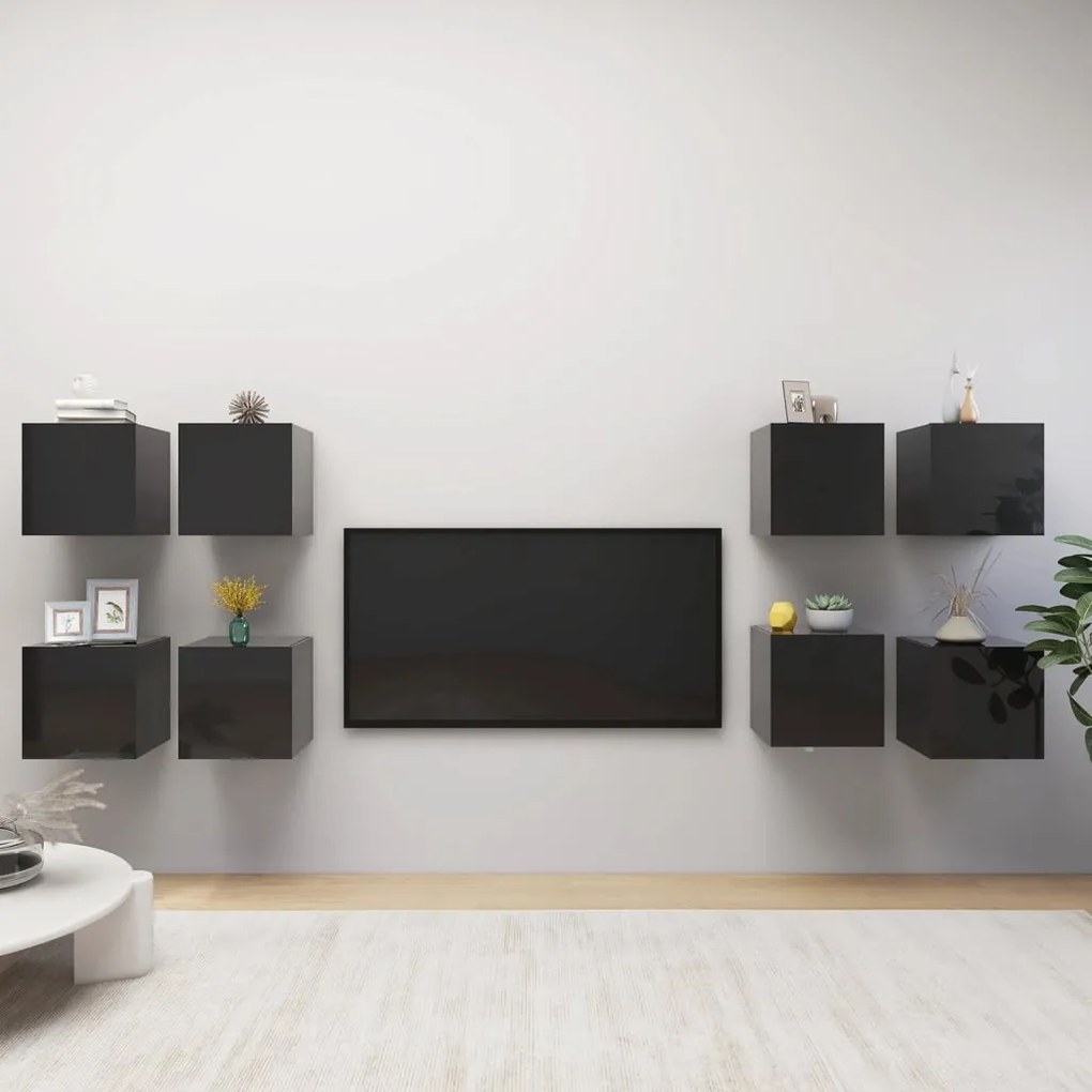 vidaXL Móveis de parede para TV 8 pcs 30,5x30x30 cm preto brilhante