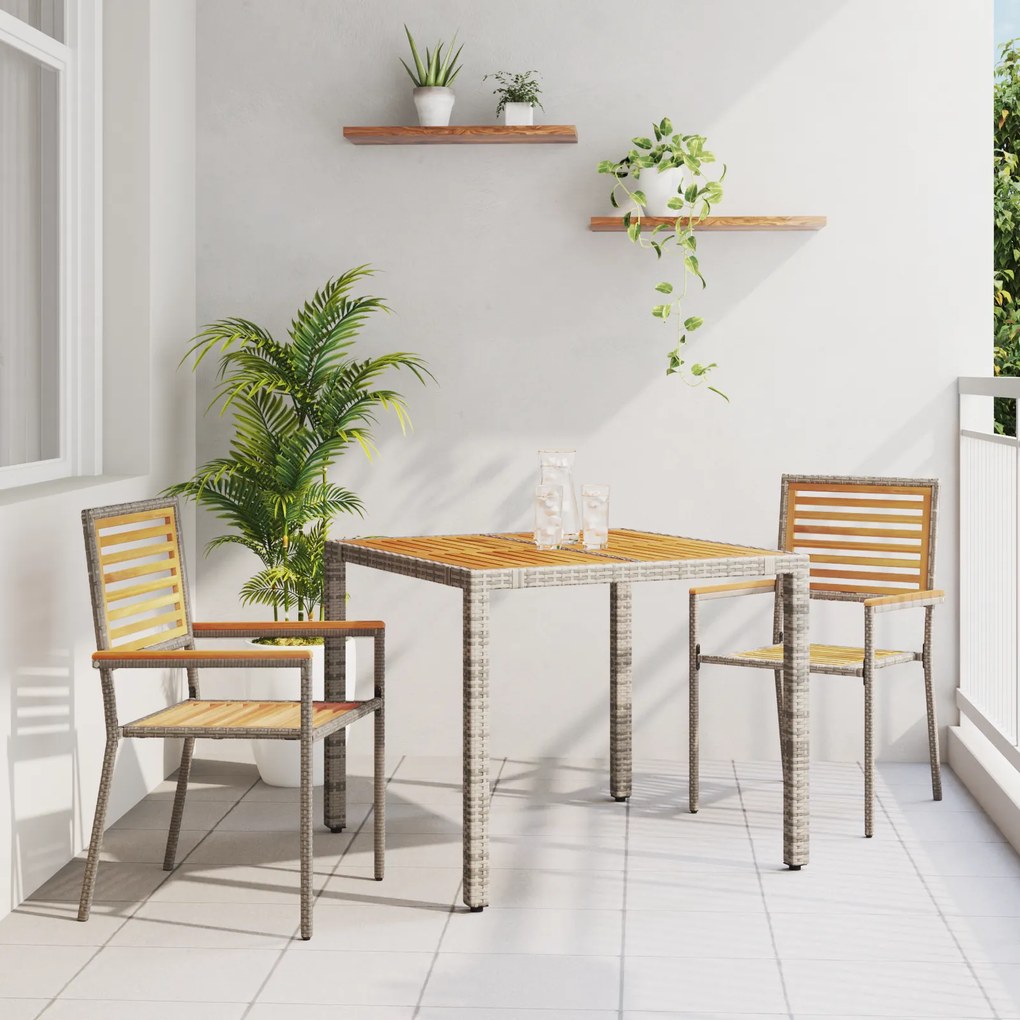 Conjunto de Jantar de Jardim 3 Peças Cinza Rattan Sintético Acácia