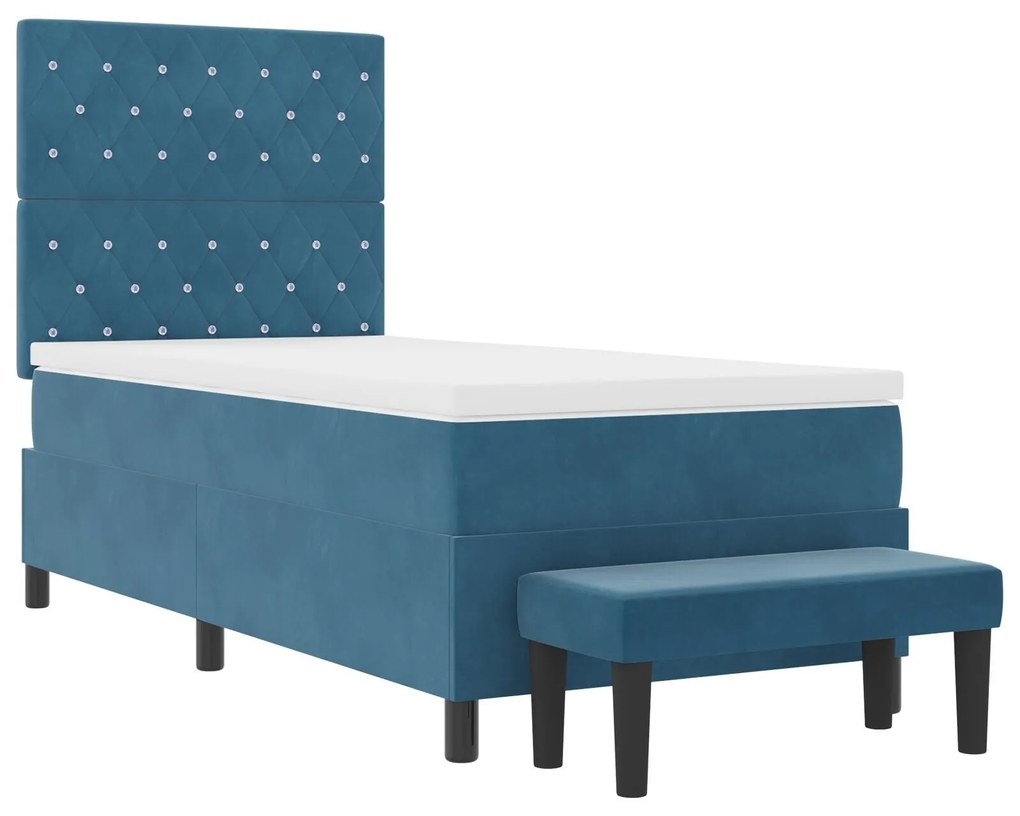 Cama Box Spring com Colchão e Banco Azul Escuro 90x200 cm Veludo