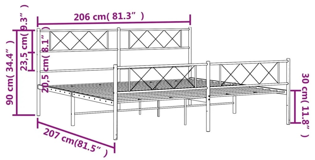 Estrutura de cama com cabeceira e pés 200x200 cm metal preto