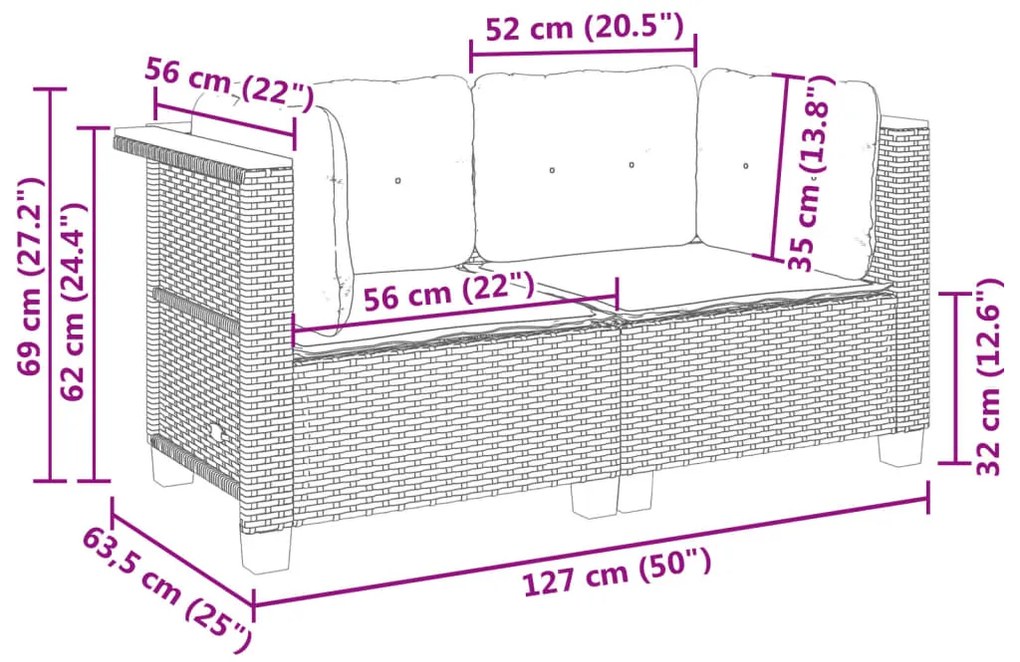 Sofás de canto p/ jardim c/ almofadões 2 pcs vime PE preto