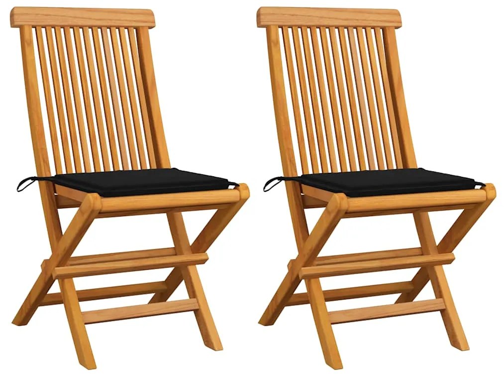 vidaXL Cadeiras de jardim c/ almofadões pretos 2 pcs teca maciça