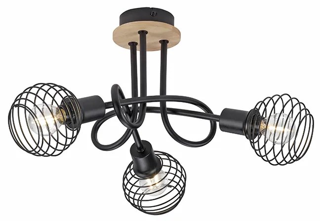 Foco de teto industrial preto com madeira 3 luzes - Winsten Industrial