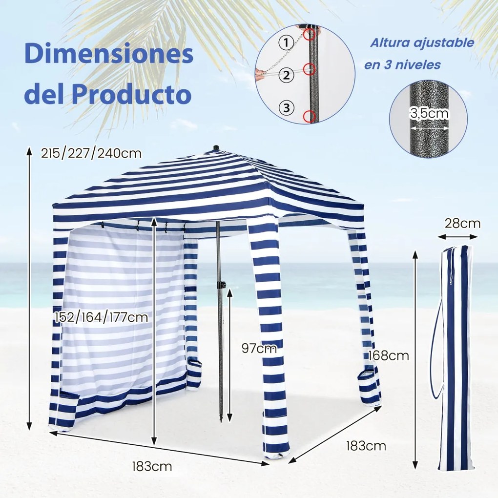 Tenda de praia portátil 183 x 183 x 215-240 cm com parede lateral amovível Saco de transporte 8 sacos de areia Proteção solar Exterior Azul + Branco