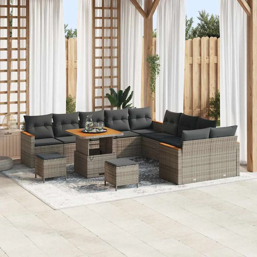 Conjunto de Sofás de Jardim vidaXL de 13 Peças com Almofadas Cinza Vime PE Acácia