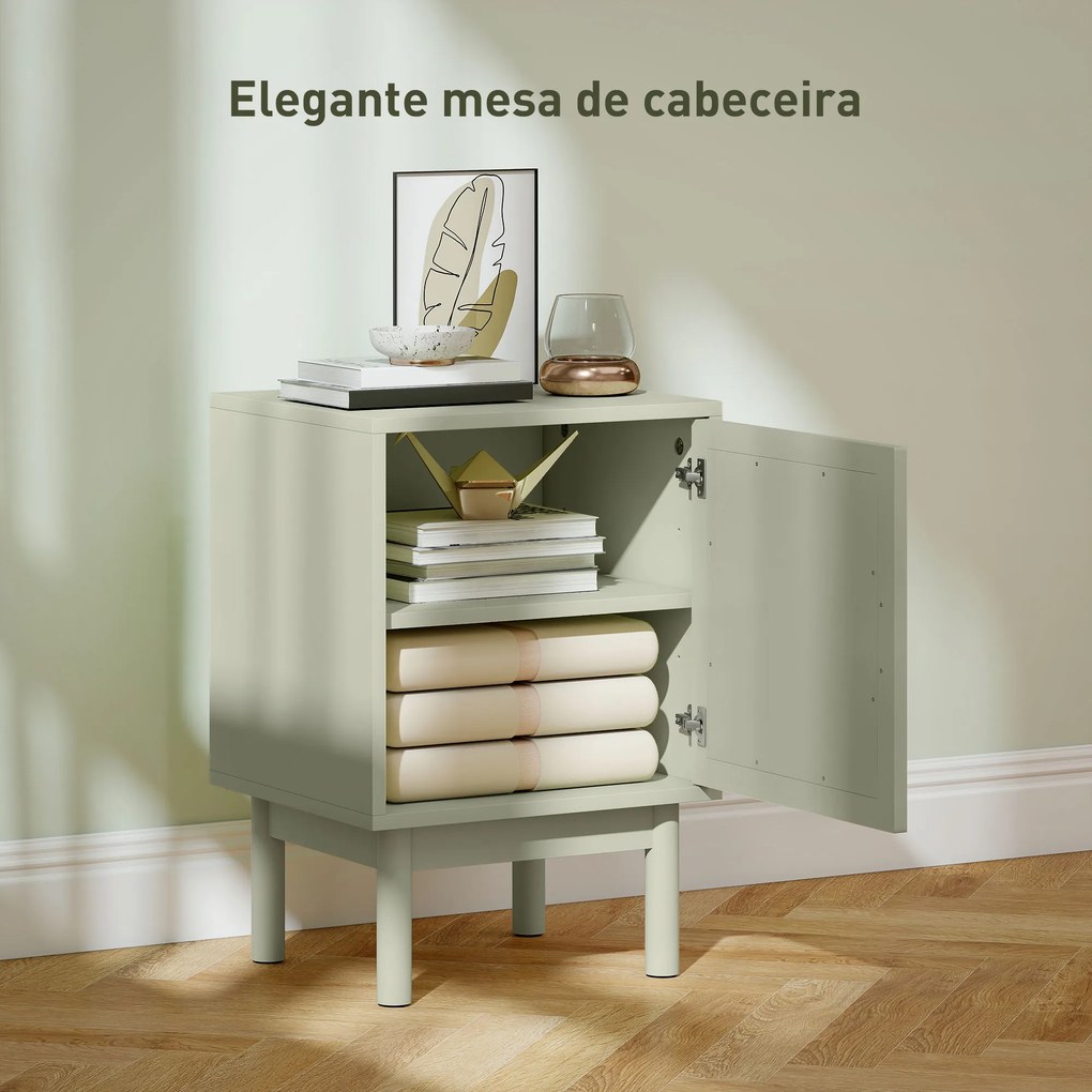 Mesa de Cabeceira com Porta de Vime Prateleira Ajustável e Pés de Madeira Estilo Boémio Mesa Auxiliar 40x35x58 cm Verde