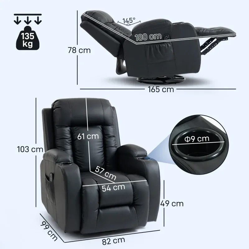 Poltrona de Massagem Reclinável até 145° com 8 Pontos de Massagem por Vibração Função de Aquecimento 82x99x103 cm Preto