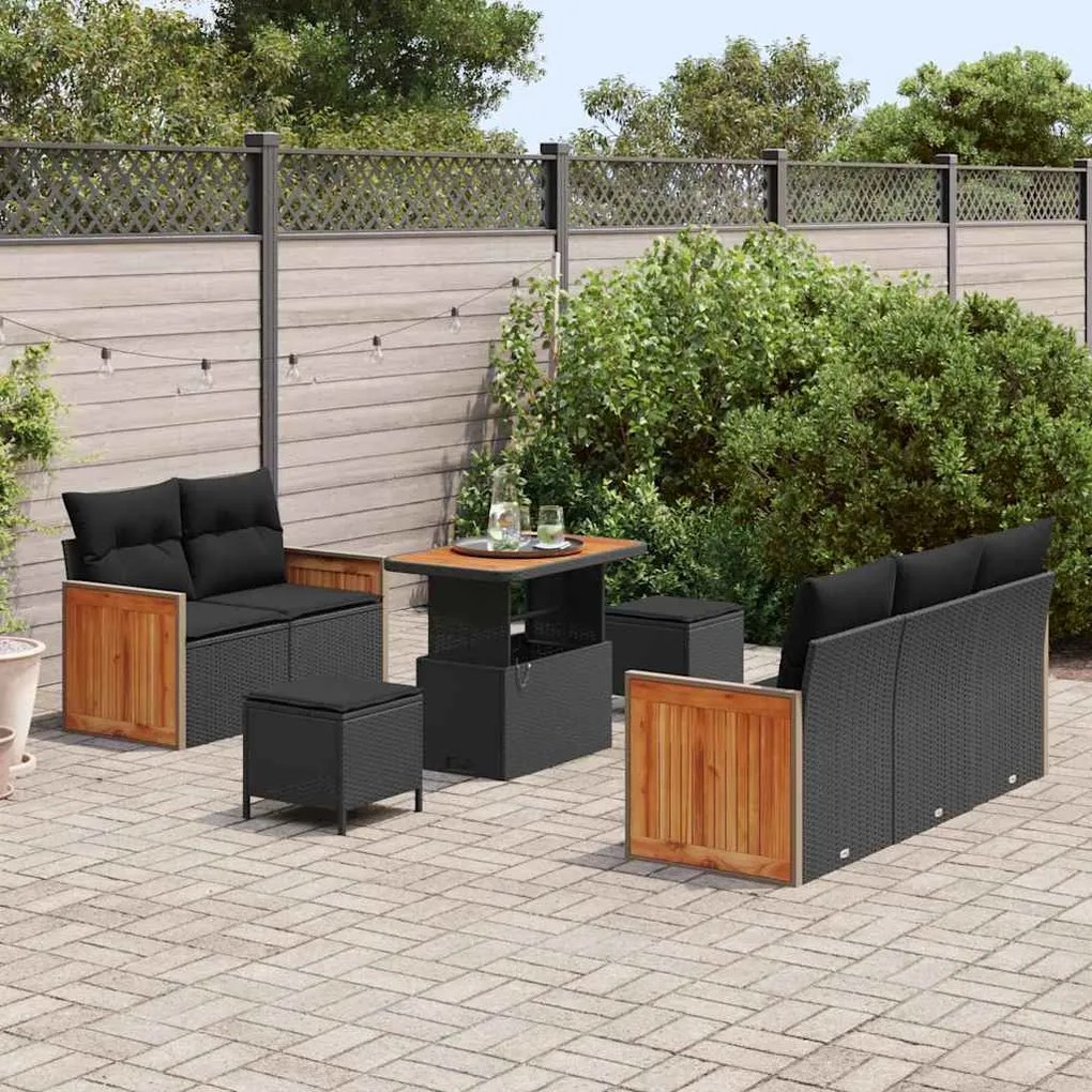 Conjunto de Sofá de Jardim vidaXL 8 Peças com Almofadas Preto Rattan P