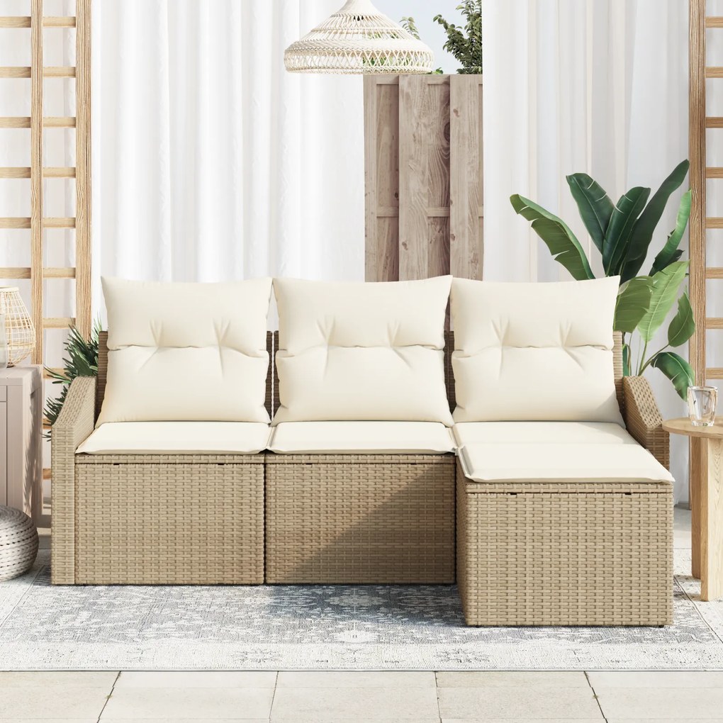 Conjunto de Sofá de Jardim de 4 Peças com Almofadas Bege de Vime Polié