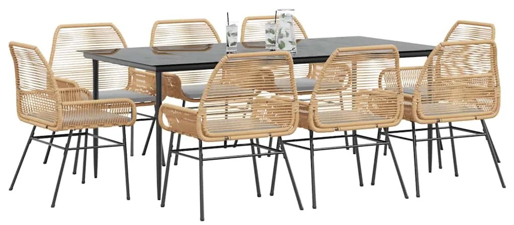 vidaXL Conjunto jantar jardim 9 peças almofadas vidro vime PE castanho