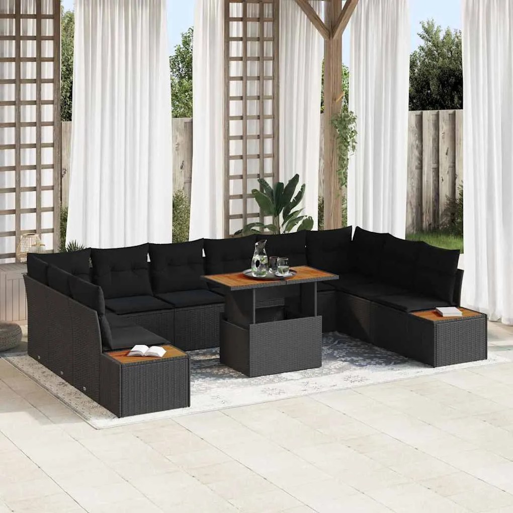 vidaXL Conjunto de Jantar de Jardim de 11 Peças com Almofadas de Rattan Sintético Preto e Acácia