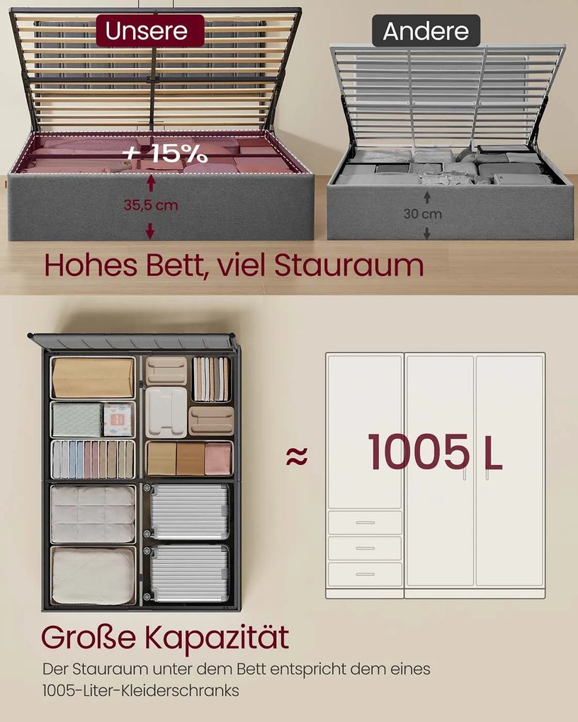 Estrutura de cama (COLCHÃO NÃO INCLUÍDO) com base de ripas rebatível e espaço de arrumação 209,3 x 163,4 x 110 cm Cinzento escuro