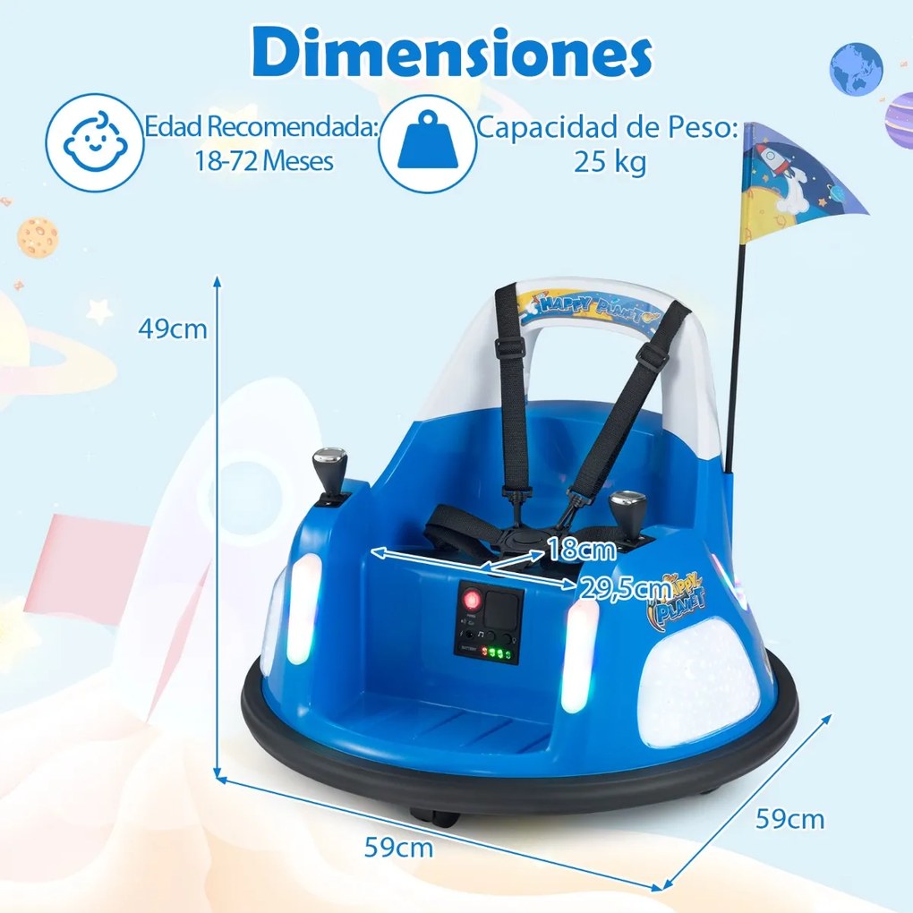 Carrinho de choques elétrico infantil 12V com bateria, luzes intermitentes, controle remoto, joystick duplo giratório 360°, azul marinho