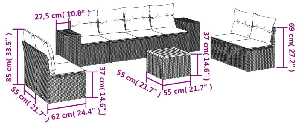 9 pcs conjunto sofás p/ jardim com almofadões vime PE cinzento