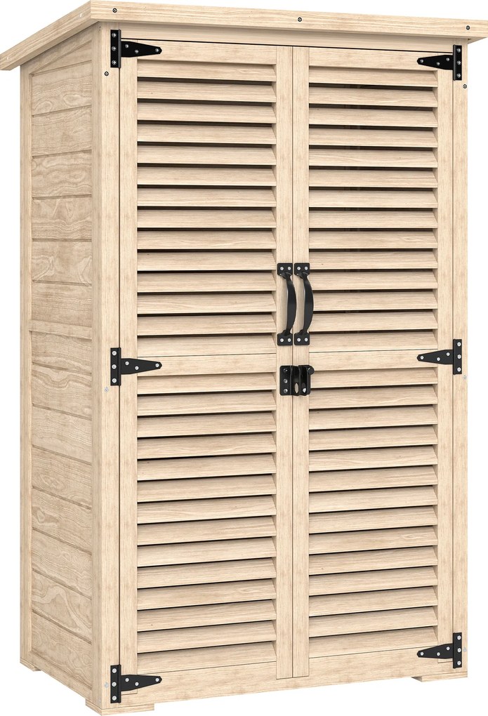 Outsunny Armário de Jardim de Madeira 75x50x118 cm Armário para Ferramentas com 2 Portas de Persiana 2 Estantes Madeira Natural | Aosom Portugal