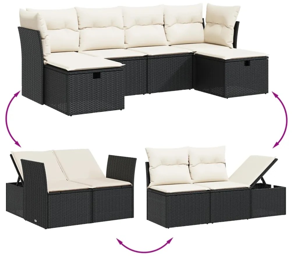 6 pcs conjunto sofás de jardim c/ almofadões vime PE preto