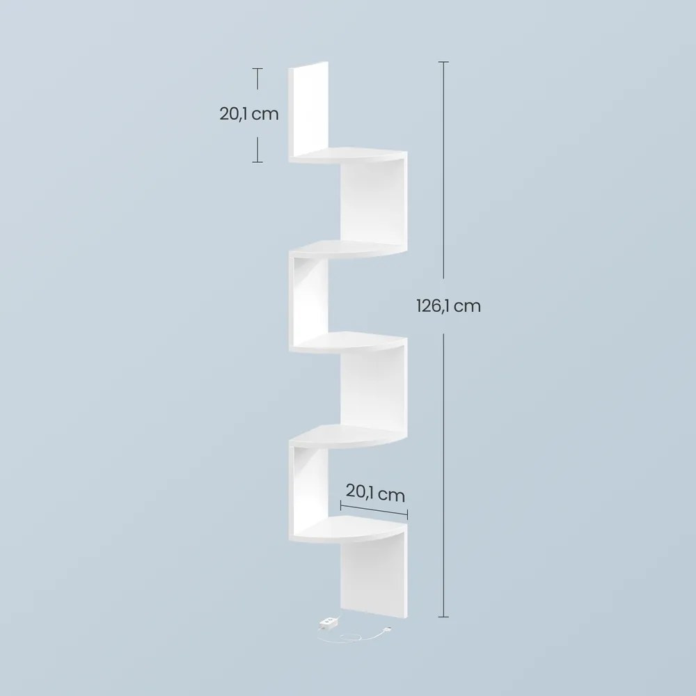 Prateleira de canto com iluminação LED 20 x 20 x 126 cm, estante de parede com 5 prateleiras, comando à distância branca