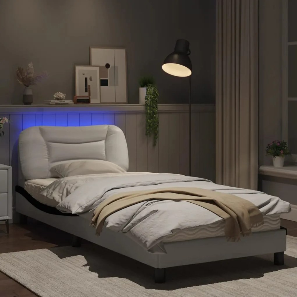 Estrutura cama c/ luzes LED 90x190 cm couro artif. branco/preto