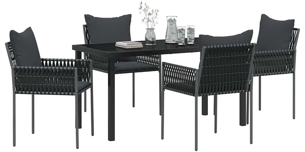 Conjunto de Jantar de Jardim com 5 Peças e Almofadas Pretas em Rattan