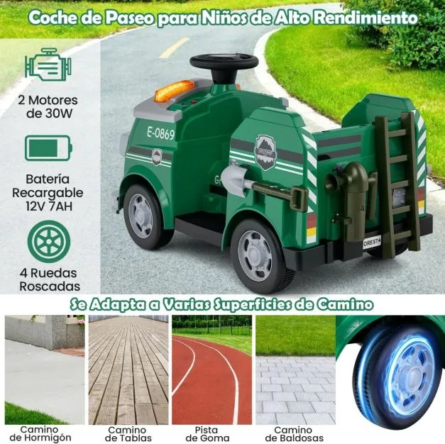Camião de Bombeiros Elétrico para Crianças 12V com Pá e Chave Extintor Escada Capacete de Segurança com Música Verde
