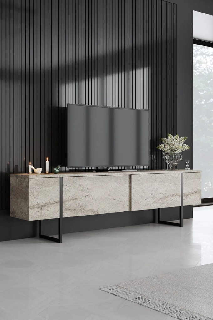Móvel de TV "Madrid" - Travertino Mármore e Preto - 180x50x30cm - Desi