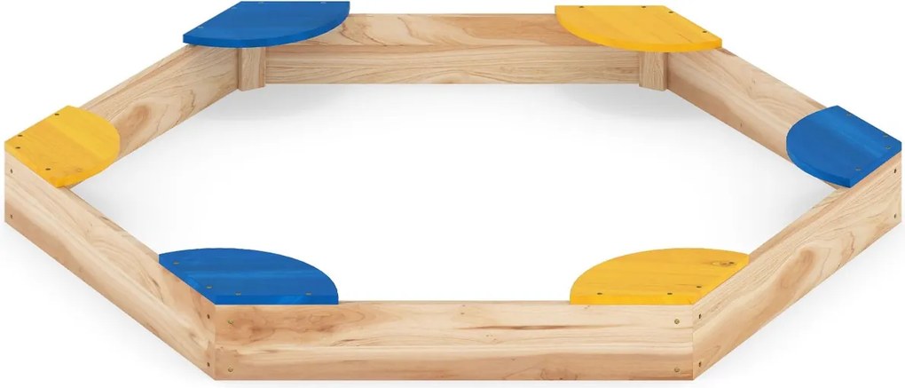 Caixa de areia hexagonal de madeira para crianças 140 x 122 x 14 cm combinada com vaso aberto e 6 assentos para pátio exterior para crianças com mais