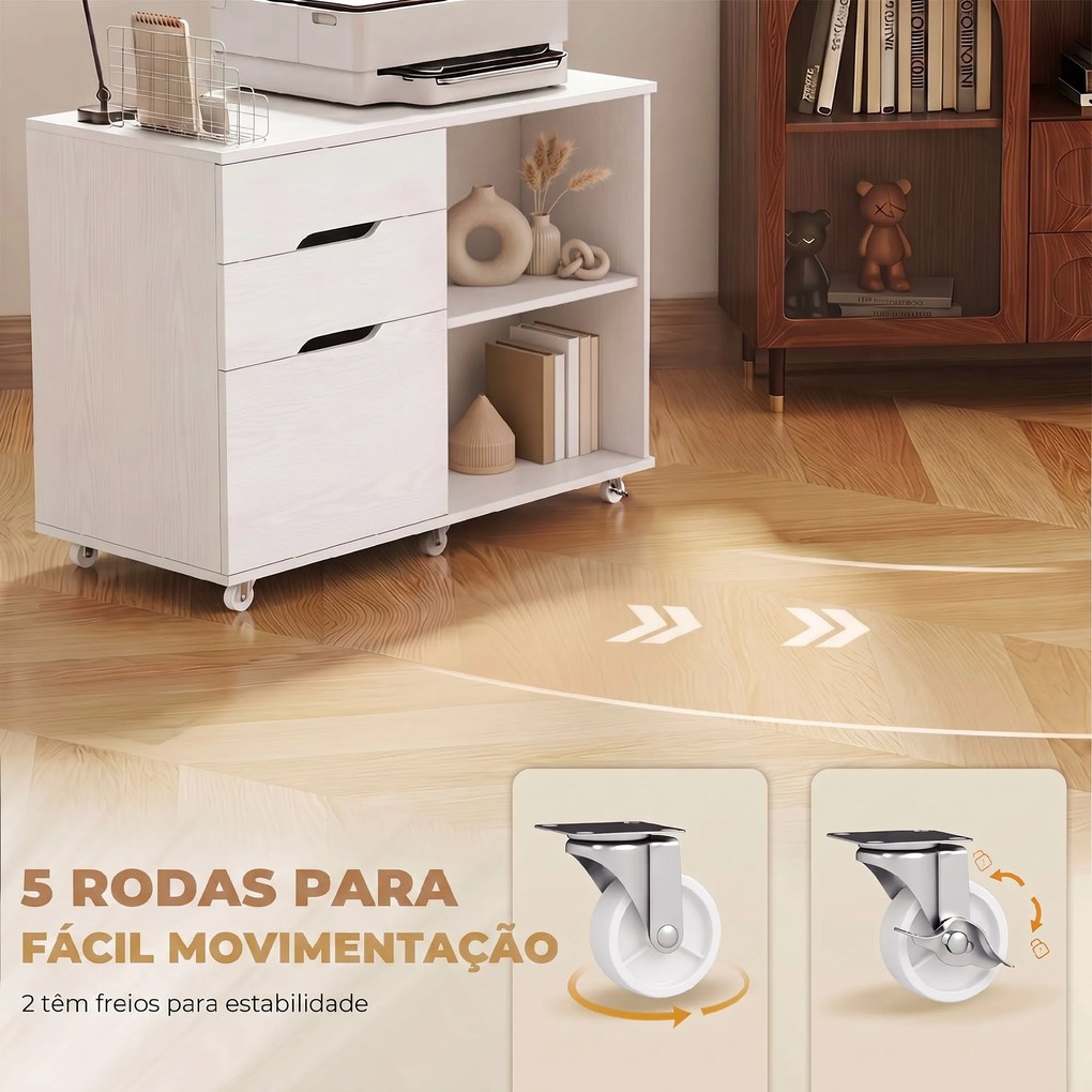 Móvel para Impressora com Rodas, 3 Gavetas, Barra Ajustável, 2 Prateleiras Abertas e Puxadores, para Documentos A4, Branco