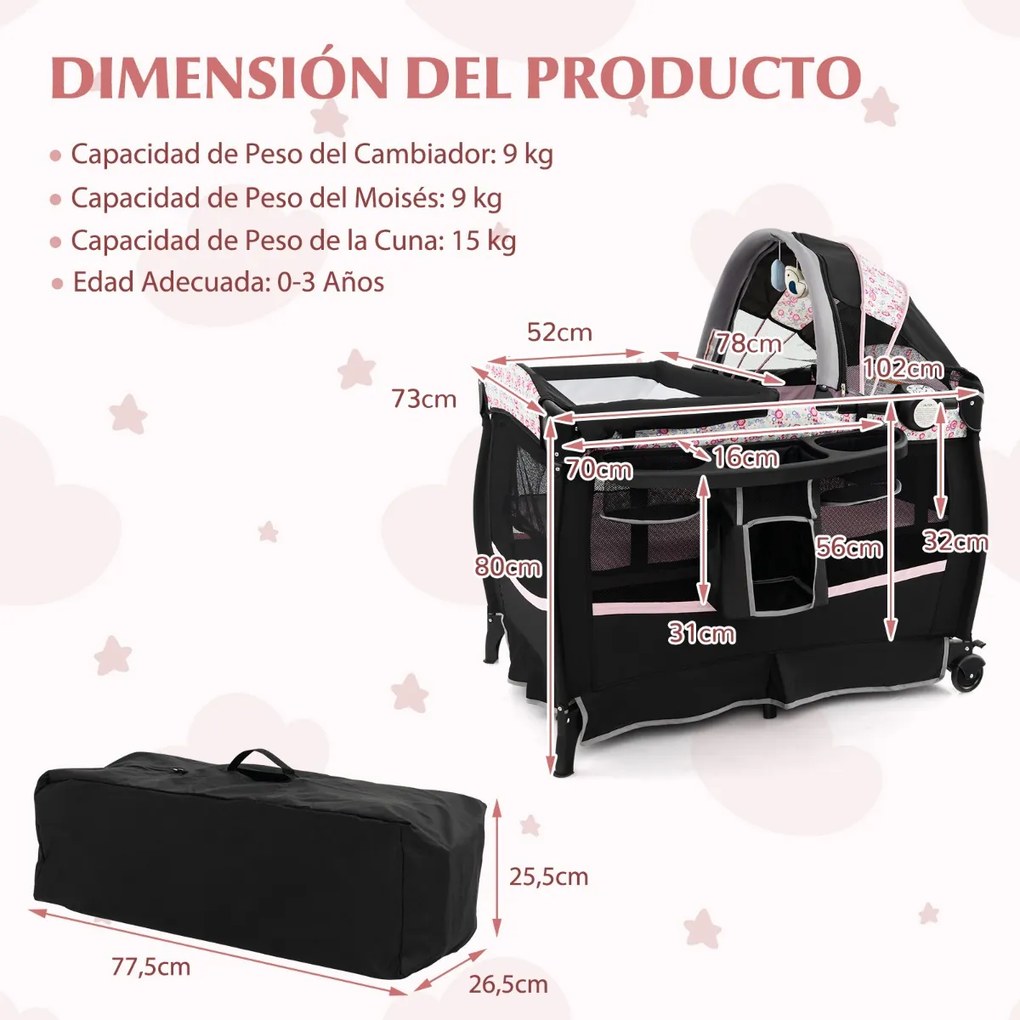 Berço portátil 4 em 1 para bebés com colchão 102 x 73 x 80 cm, mesa para mudar de fraldas, música, Toldo, prateleira, estante, parque dobrável, cor 3
