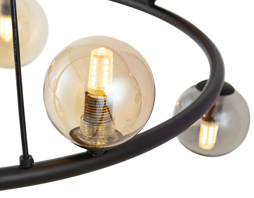Candeeiro suspenso preto com vidro fumado e âmbar redondo 8 luzes - Monaco Moderno