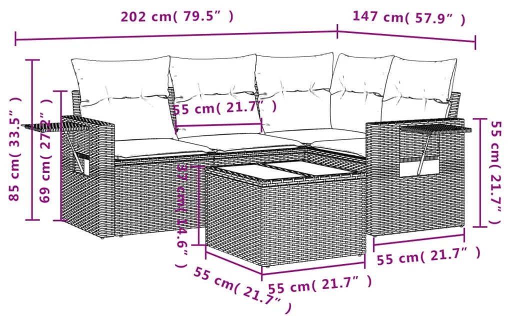 5 pcs conjunto de sofás p/ jardim com almofadões vime PE bege