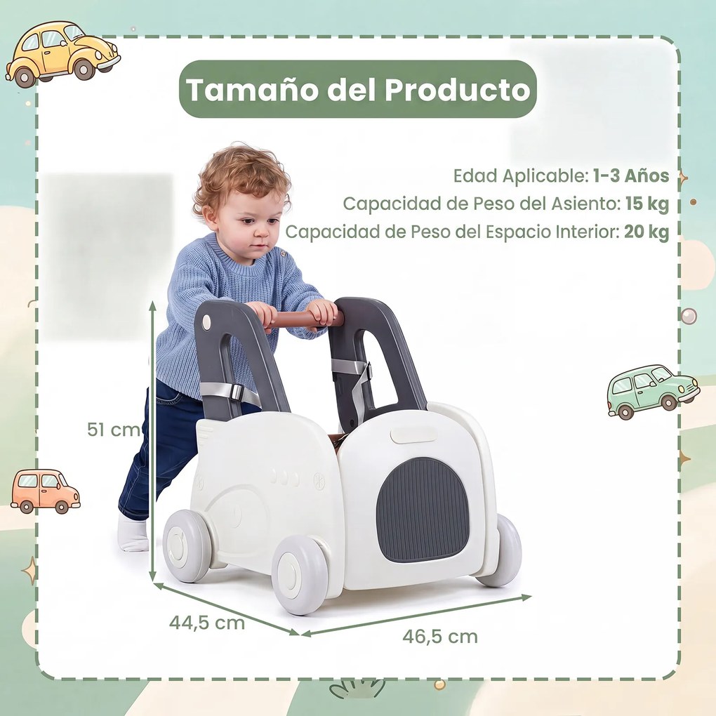 Andador de Empurrar 4 em 1 para Bebés, 46,5 x 44,5 x 51 cm, Assento Rebatível, Cinzento+Branco