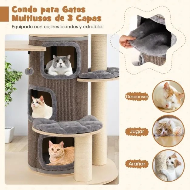 Arranhador para gatos com vários níveis e postes para arranhar Mobiliário moderno para gatos de interior 95 x 68 x 173 cm Cinzento