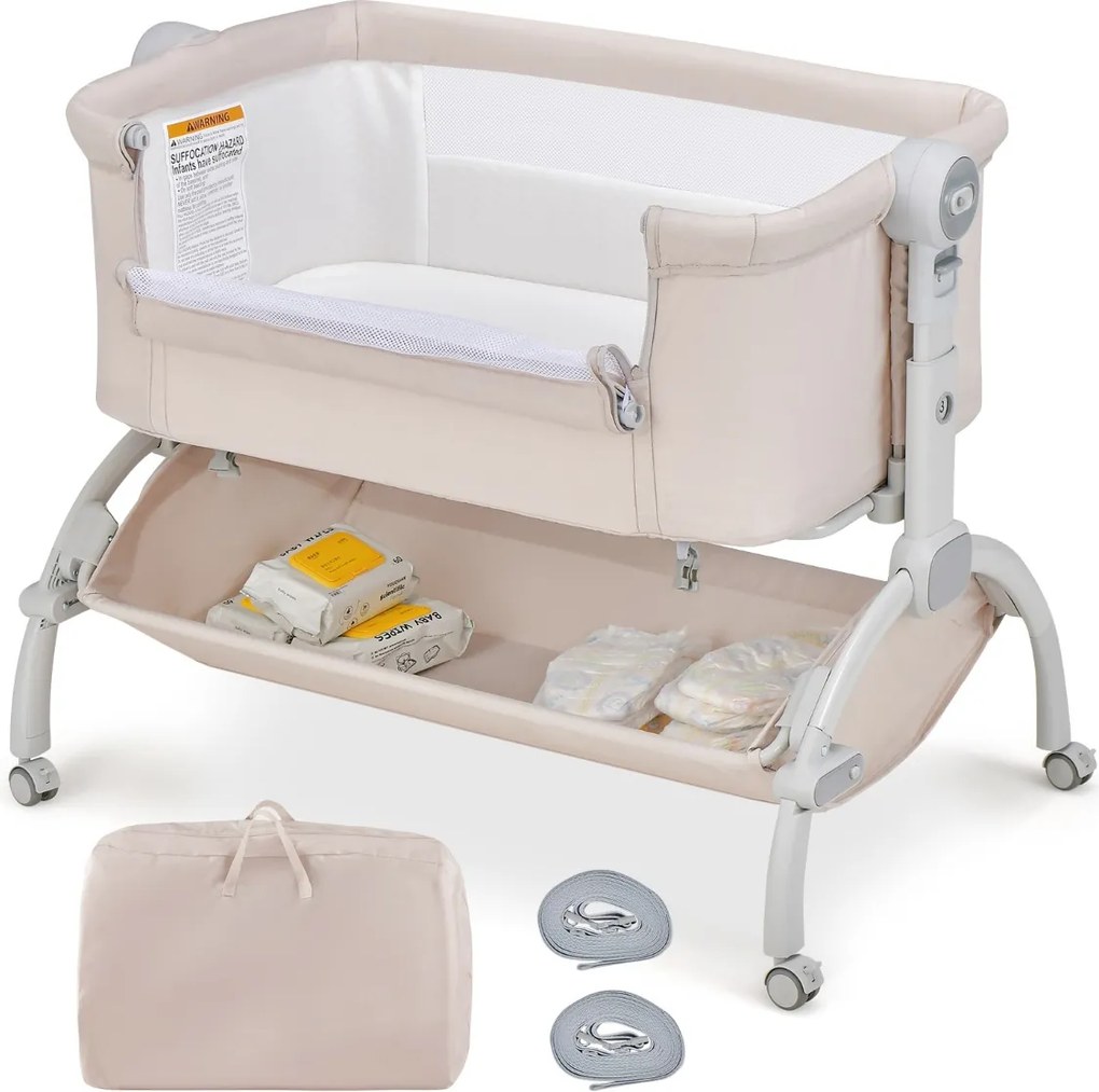 Berço 2 em 1 para bebés com altura ajustável, 4 rodas, rede mosquiteira e cesto de arrumação para bebés dos 0 aos 6 meses, 95 x 65 x 70-82 cm, bege