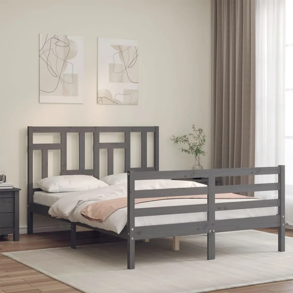 Estrutura de cama de casal c/ cabeceira madeira maciça cinzento