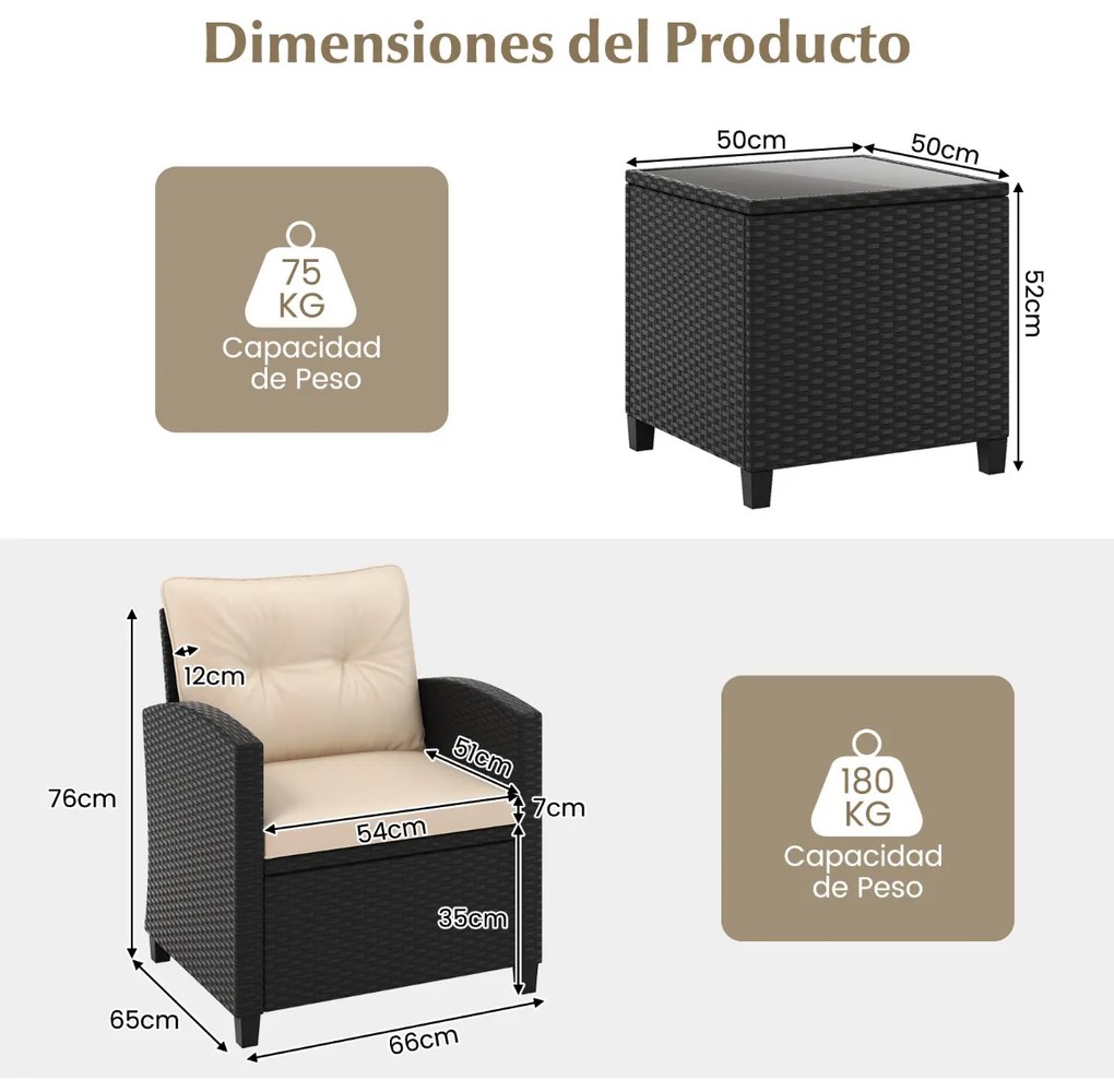 Conjunto de móveis de jardim de 3 peças de rattan com almofadas de assento e encosto e Mesa de centro de vidro temperado preto / creme